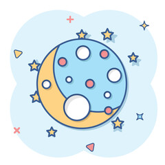 Planet in space in comic style. Moon and stars cartoon vector illustration on isolated background. Astronomy splash effect  sign business concept.