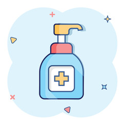 Hand sanitizer icon in comic style. Antiseptic bottle cartoon vector illustration on isolated background. Disinfect gel splash effect sign business concept.