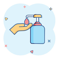 Hand sanitizer icon in comic style. Antiseptic bottle cartoon vector illustration on isolated background. Disinfect gel splash effect sign business concept.