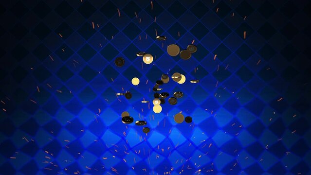 3D Explosive animation flying golden coins with dollar sign sparkles on blue texture background. Exclusive animation for Jackpot