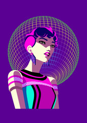 Beautiful stylish woman in party dress against disco mirror ball, flat style fashion illustration