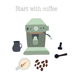 Coffee machine coffee beans set cup of vector hand drawn coffee