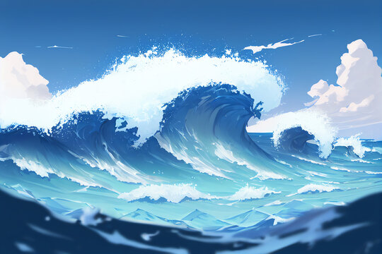 A beautiful Ocean with Big Waves. Beach Landscape.  Vector Digital Painting Illustration