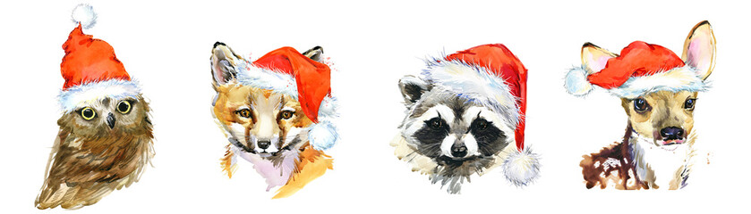 cute baby animals watercolor set, woodland life, forest wildlife. Deer, Owl, Fox, Raccoon in Santa Hat