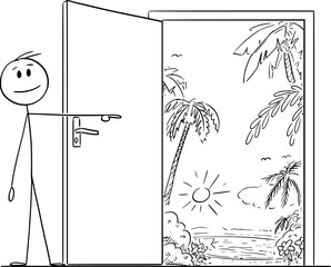 Person Pointing at Door Inviting to Go to Tropical Paradise, Vector Cartoon Stick Figure Illustration