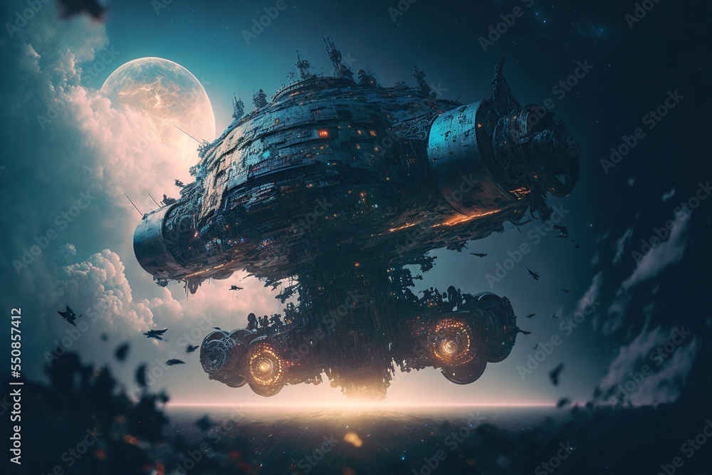 Sticker Spaceship in cosmos, fantasy sci fi epic scenery
