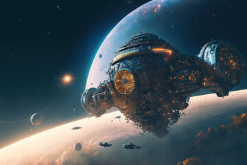 Huge spaceship in cosmos, fantasy sci fi epic scenery