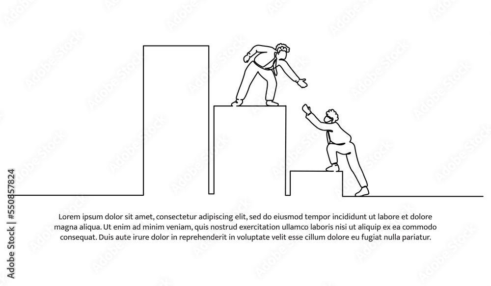 Poster continuous line design of team collaboration helping each other to get to the pinnacle of success. s