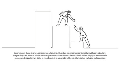 Continuous line design of team collaboration helping each other to get to the pinnacle of success. Solid teamwork symbol. Decorative elements drawn on a white background.
