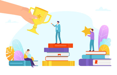 Hand hold golden cup, tiny character standing book stack achievement first place flat vector illustration, isolated on white.