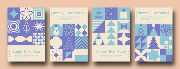 Geometric minimalist Christmas posters. Modern bauhaus brutalist bold shapes, primitive blocks swiss style. Trendy Winter Holidays art templates.	