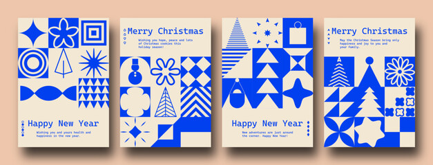 Geometric minimalist Christmas posters. Modern bauhaus brutalist bold shapes, primitive blocks swiss style. Trendy Winter Holidays art templates.	