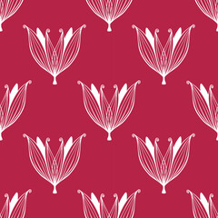 Viva Magenta color of the year 2023 pattern with white doodle flowers. Vector illustration
