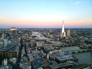 London Sunset shard and city skyline drone aerial