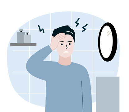 Worried Man Look At Mirror At Bathroom, Find Grey Hair On Head. Aging, Maturity, Beauty, Hair Care, Stressful Lifestyle Concept. Flat Cartoon Style Vector Design Illustration For Web, Banner, Poster.