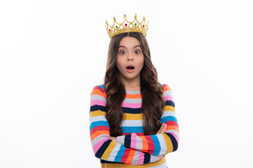 Little queen wearing golden crown. Teenage girl princess holding crown tiara. Prom party, childhood...