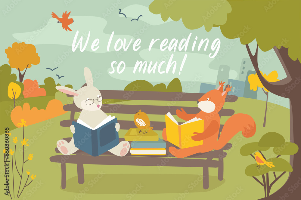 Wall mural cute animals reading books concept background. pets love to read. owl, raccoon, squirrel and hedgeho