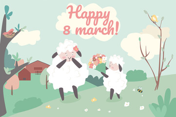 Happy 8 March concept background. Greeting holiday card with animals. Cute family of raccoons, kids give flowers to mother and congratulate in spring forest. Illustration in flat cartoon design