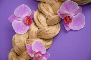 Braid blonde with orchids, close-up. Hair beauty. Healthy hair