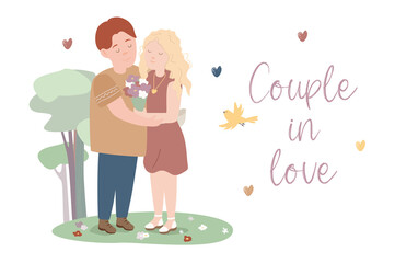 Happy Valentines day concept background. Cute couple in love celebrates romantic holiday. Loving man and woman hugging and holding hands. greeting card. Illustration in flat cartoon design