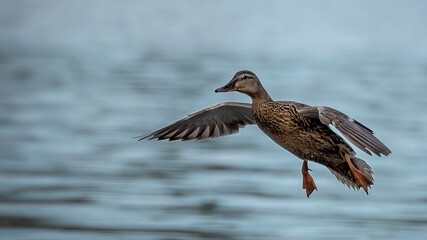 Female Mallard coming in for landing with spread wings against turbid background