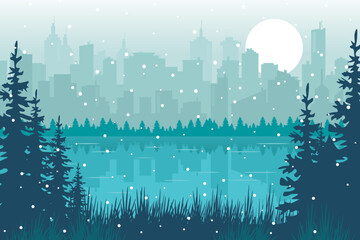 City and Forest in Winter Christmas. winter landscape with snow