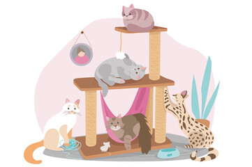 Cute pets sitting concept background. Cats are sitting on couch in living room, relaxing or playing in cozy room. Domestic animals care. Illustration in flat cartoon design