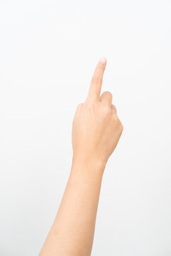 Women hand pointing on white background