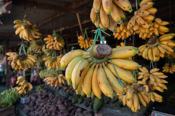 selective focus on yellow bananas hanging for sale in traditional markets