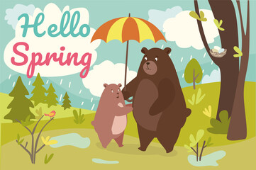 Hello spring concept background. Cute animals greeting springtime. Dad bear holds umbrella and bear cub hugs him. Family walking in forest in rainy weather. Illustration in flat cartoon design