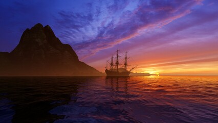 Ancient ship near the big island at sunset