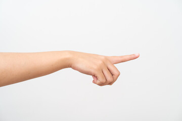 Women hand pointing on white background