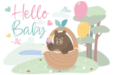 Obraz na płótnie Canvas Hello baby concept background. Cute bear cub boy or girl holding pacifier and sitting in basket with balloons. Newborn kid greeting, baby shower holiday. Illustration in flat cartoon design
