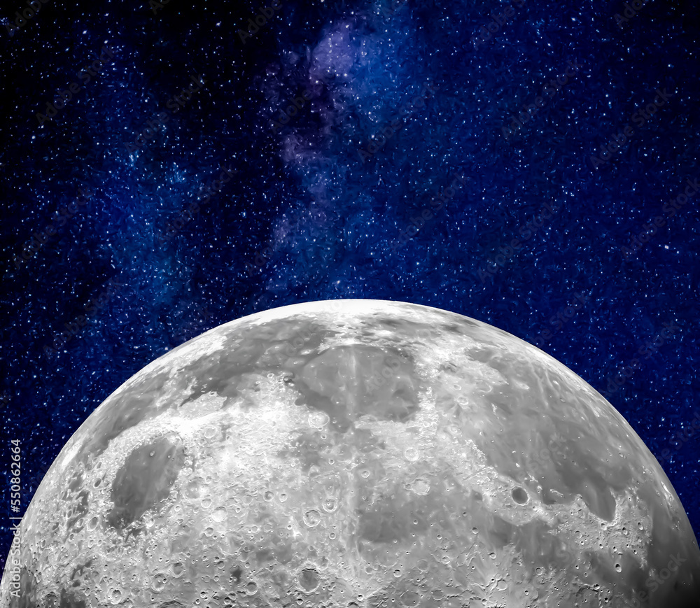 Wall mural the moon in the space. millions of stars in the background. sci-fi background photo with copy space 