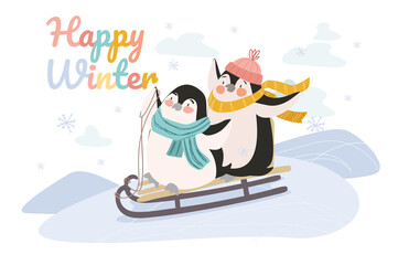 Happy winter concept background. Cute animal greeting wintertime. Happy penguins sledding down snowy slopes. Funny pets doing seasonal outdoors activity. Illustration in flat cartoon design