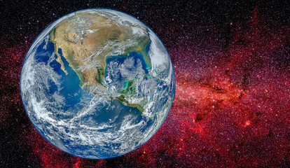 Obraz na płótnie Canvas Planet Earth in the space. Millions of stars in the background. Sci-fi background photo with copy space for text. Elements of this image furnished by NASA.