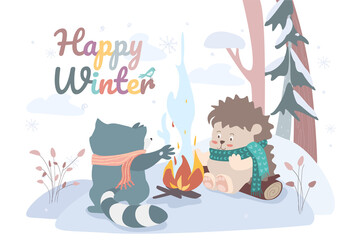 Happy winter concept background. Cute animal greeting wintertime. Funny pets hedgehog and raccoon sit by fire and warm their paws on edge of snowy forest. Illustration in flat cartoon design