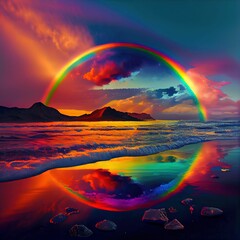 Beautiful illustration of sea waves washing the beach, reflecting colorful rainbow at sunset