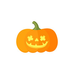 Glowing Halloween Pumpkin. Head with smile Jack lantern. Orange pumpkin. Vector flat illustration.