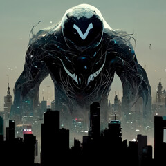 Venom fills the city with a black creature in the style of the future