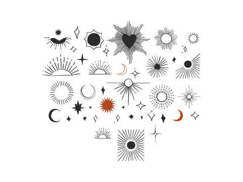 Hand drawn abstract vector graphic sign clipart illustrations collection set of line art sunburst,moon and stars.Simple Design concept.Bohemian contemporary line art.Vector abstract design elements.