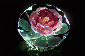 3D Rendering Red Flower inside Transparent Jewel Diamond Gem Stone