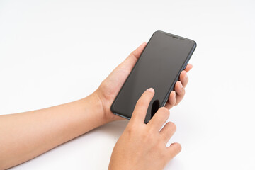 Women hands holding smartphone on white background.