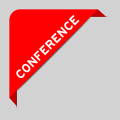 Red color of corner label banner with word conference on gray background