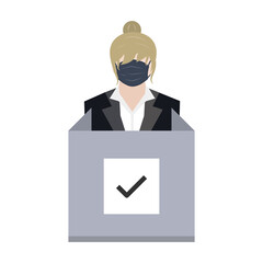 woman voter wear face mask with right mark at polling station ep01