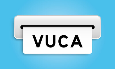 White coupon banner with word VUCA (abbreviation of Volatility, uncertainty, complexity and ambiguity) from machine on blue color background