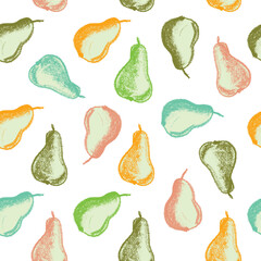 Multicolored pears seamless pattern for fabric design. Green pear textile ornament. Fruit background for Vegan banner, label juice. Red pear drawings for jam packaging. Hand drawn wallpaper.