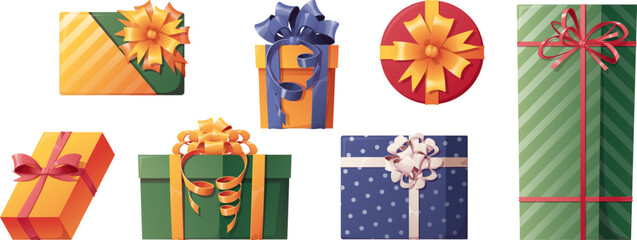 Set of colorful gifts decorated with satin bows. Christmas decor. Icons, stickers, holiday box illustrations