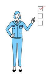 チェックリストを指さす作業着を着た女性のシンプルな線画イラスト