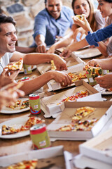Pizza, party and group of people eating fast food, lunch and meal in celebration together at...